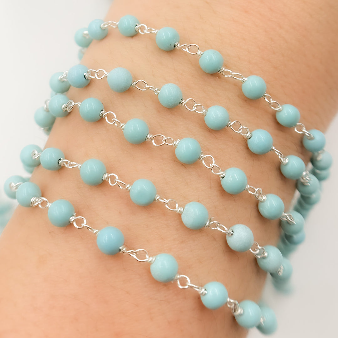 TRQ54. Turquoise Dainty Bead Sterling Silver Wire Chain
