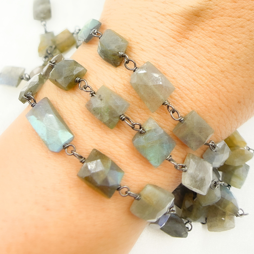 Labradorite Rectangular Shape Oxidized Wire Chain. LAB98