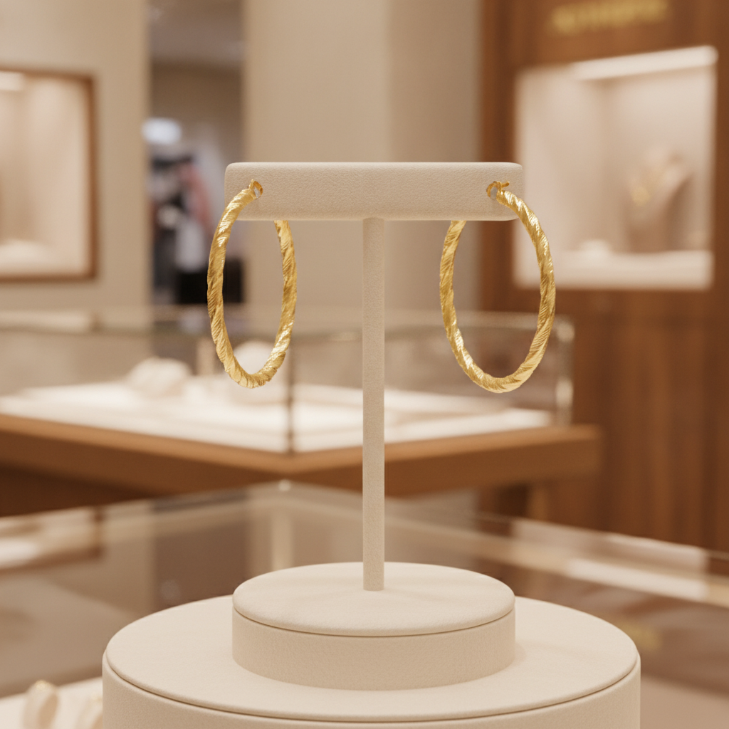 GER54. 14K Solid Gold Twist Round Hollow Hoop Earrings