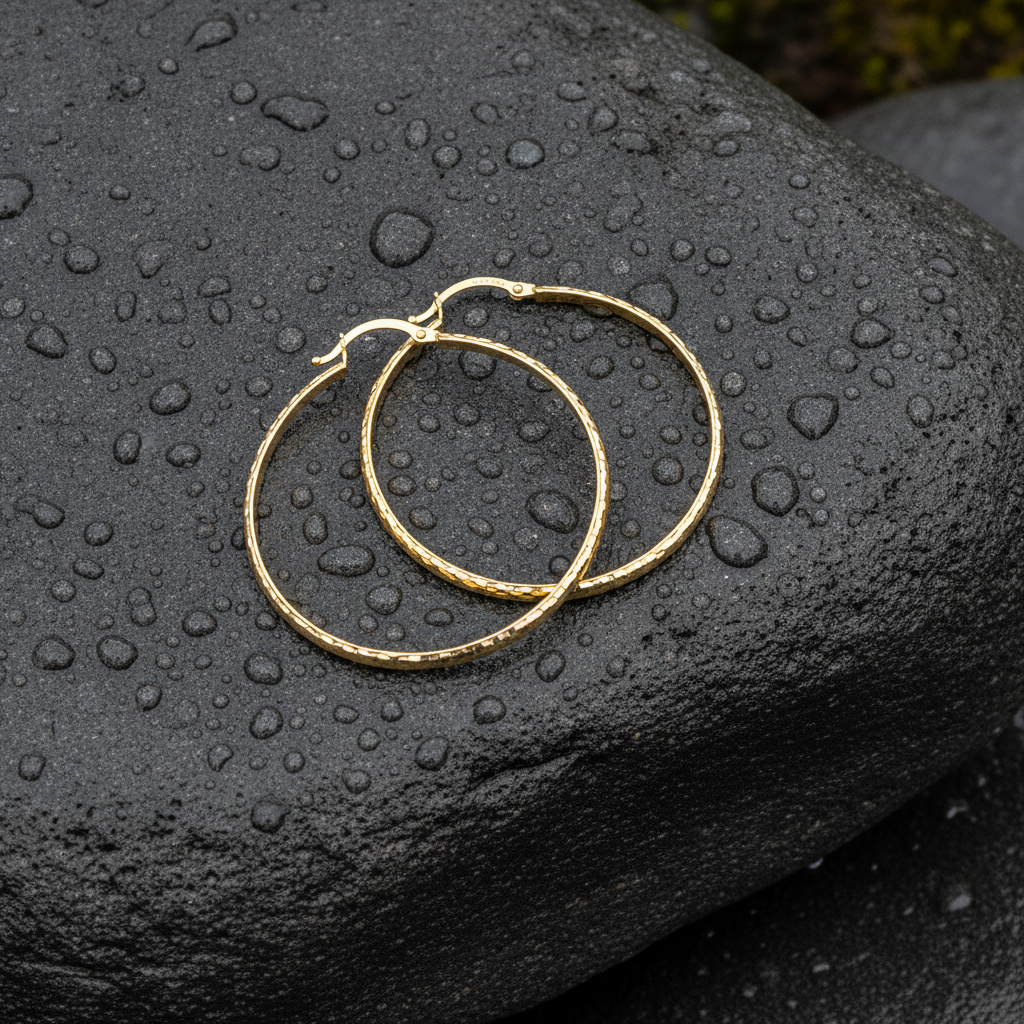 GER73. 14K Gold Diamond Cut Hollow Hoop Earrings