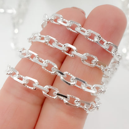 Sterling Silver Twisted & Diamond Cut Rectangle Chain
