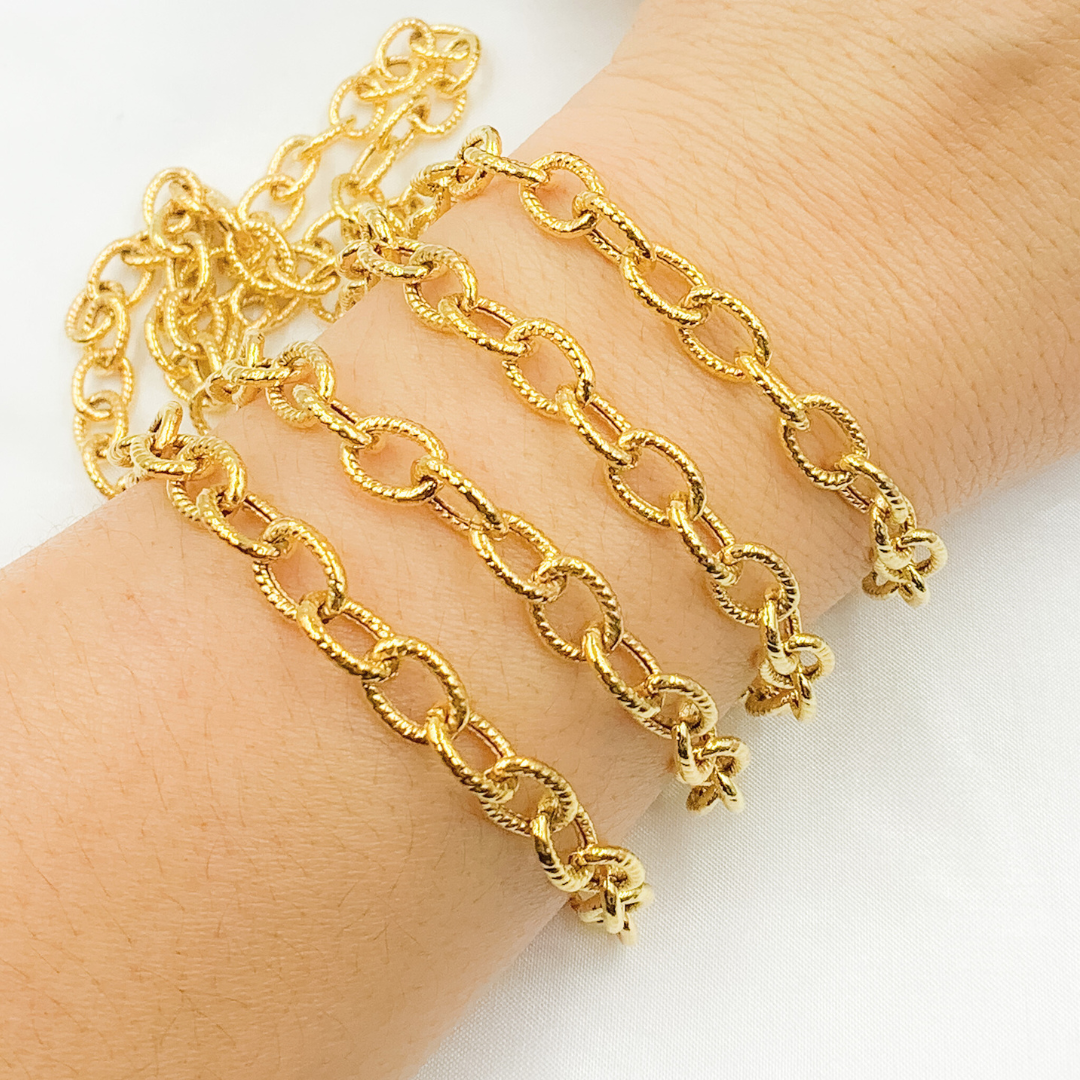 V59GP. Gold Plated 925 Sterling Silver Textured Oval Link Chain