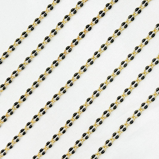 925 Sterling Silver Gold Plated Black Enamel Cable Link Chain