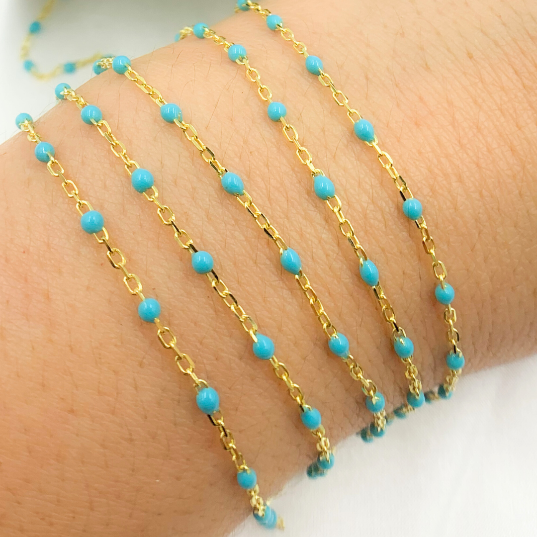 Gold Plated Sterling Silver Enamel Turquoise Color Cable Chain