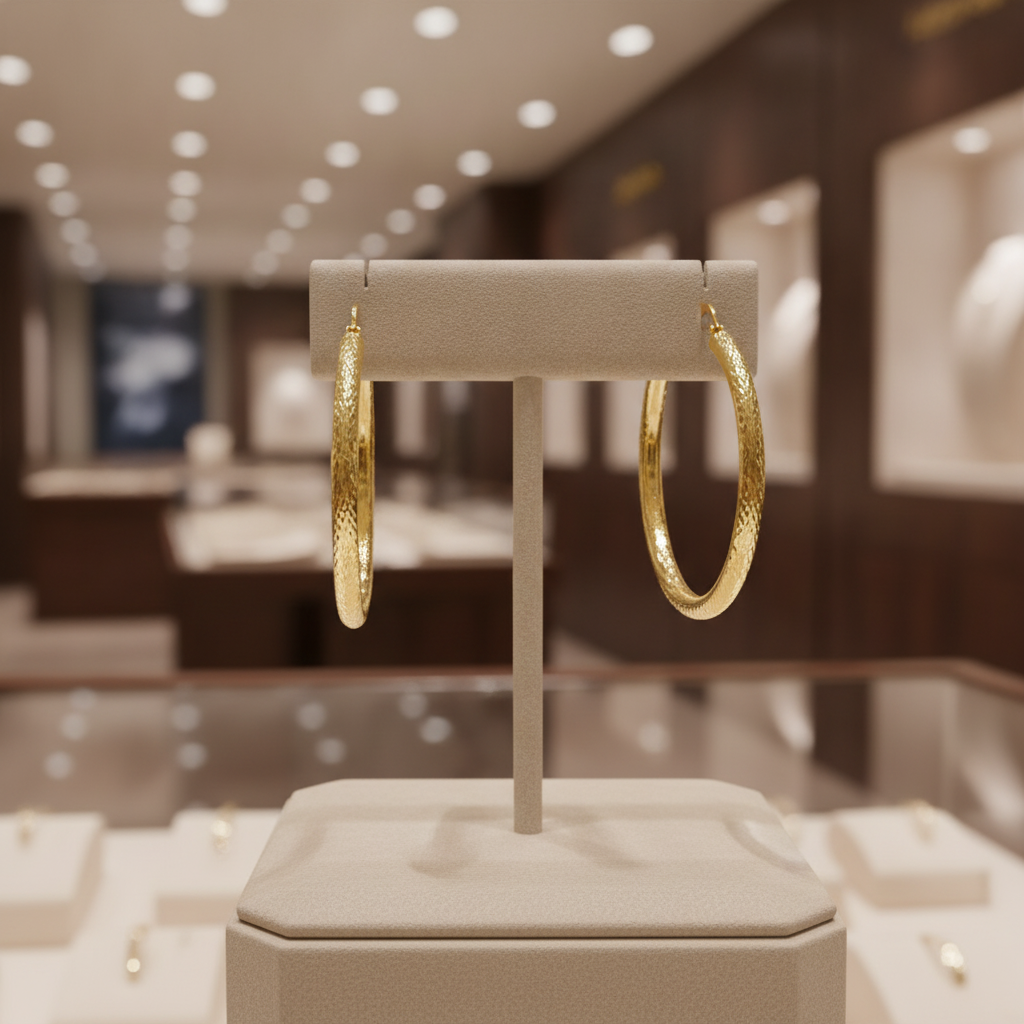 GER58. 14K Gold Hoop Earrings with Engraved Tornado Design