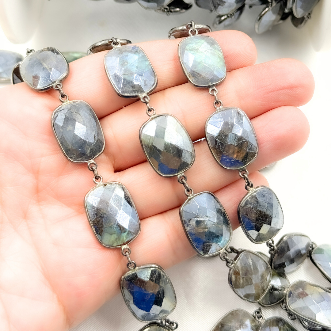 Coated Labradorite Rectangle Shape Bezel Oxidized Wire Chain