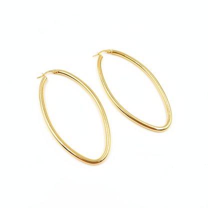 GER152. 14K Solid Gold Hollow Oval Hoop