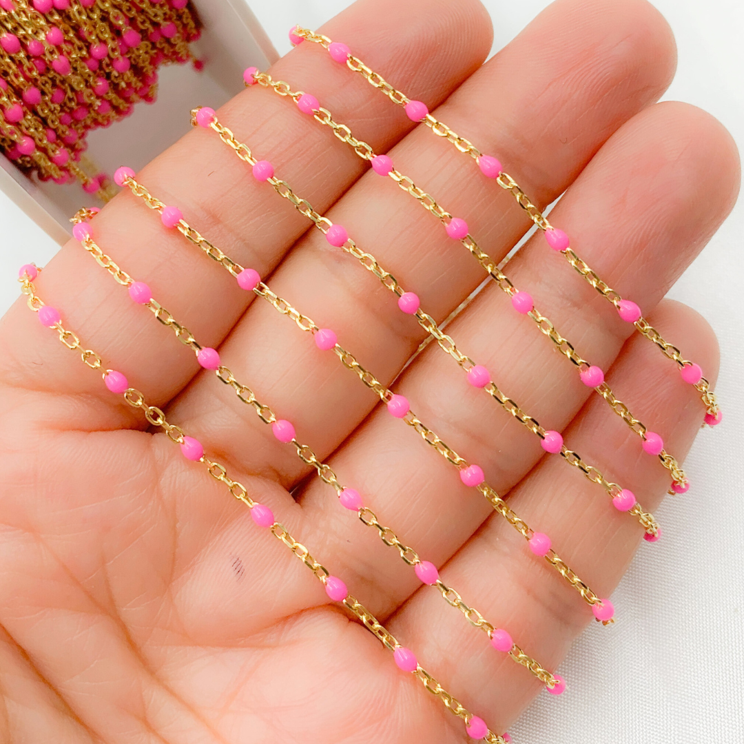 Gold Plated Sterling Silver Enamel Pink Color Cable Chain