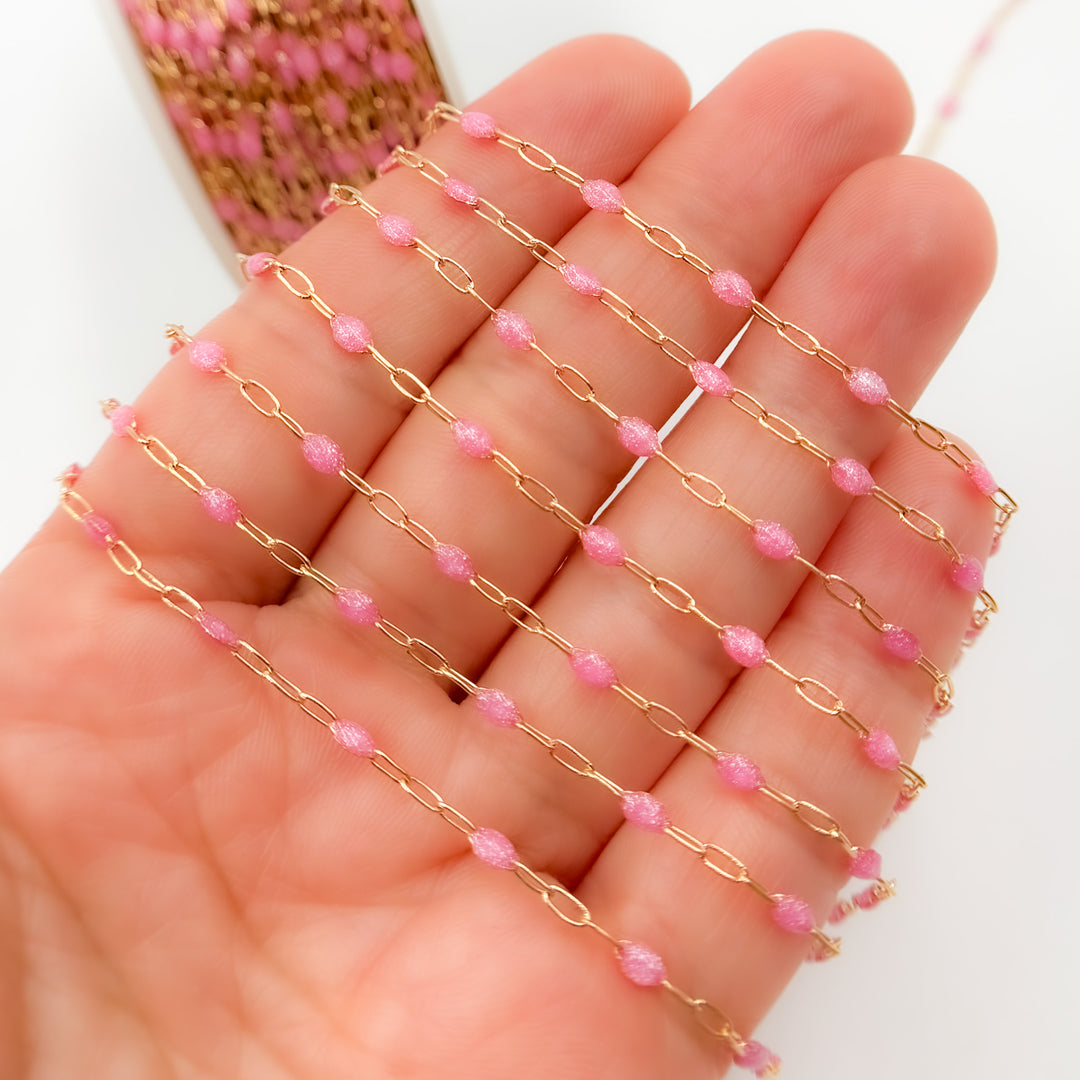 Gold Filled Pink Color Opal Enamel Cable Chain
