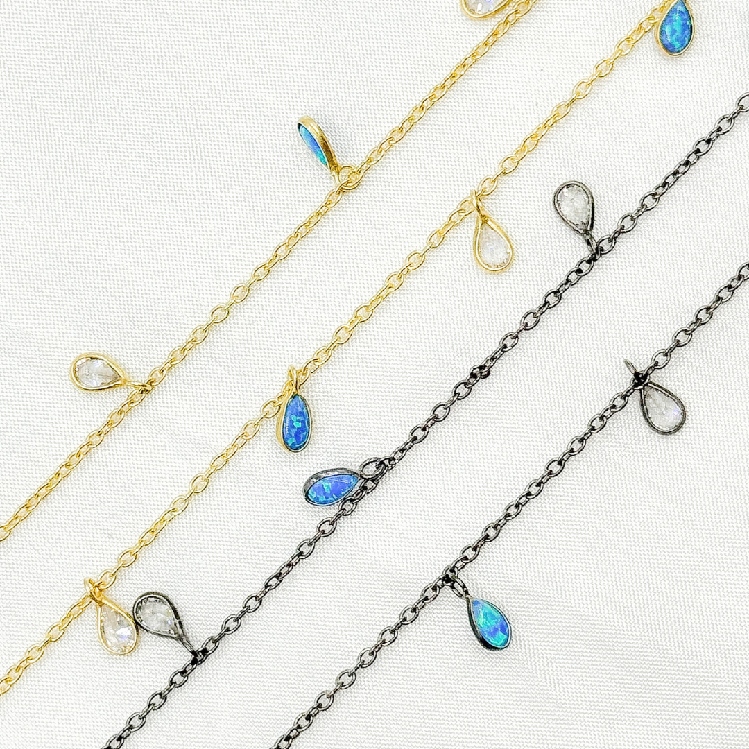 Created Blue Opal & CZ Tear Drop Shape Dangle Chain