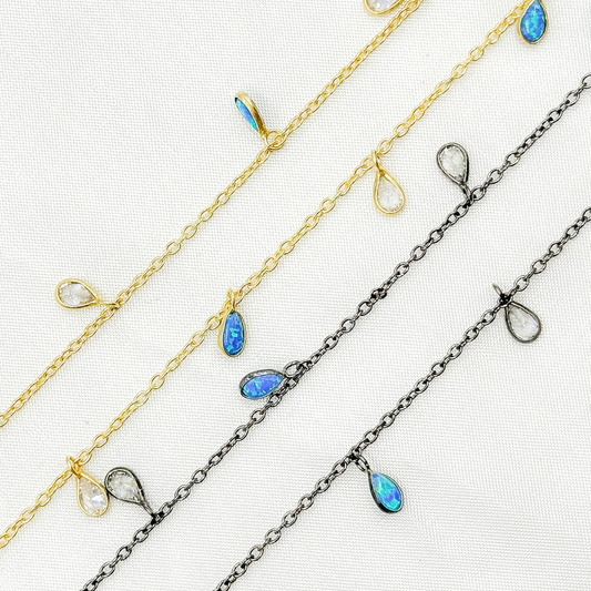 Created Blue Opal & CZ Tear Drop Shape Dangle Chain