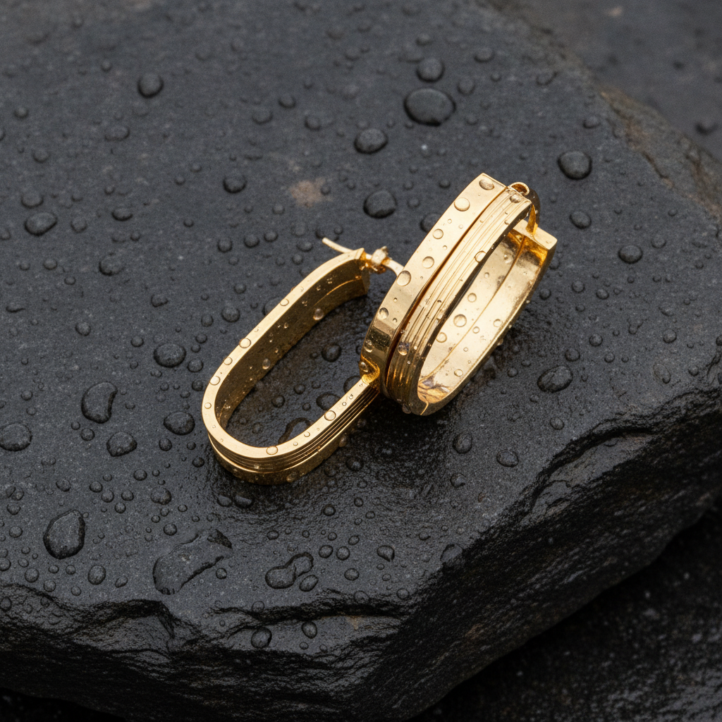 15850022147. 14K Solid Gold Smooth and Ribbed Rectangular Hollow Hoop Earrings