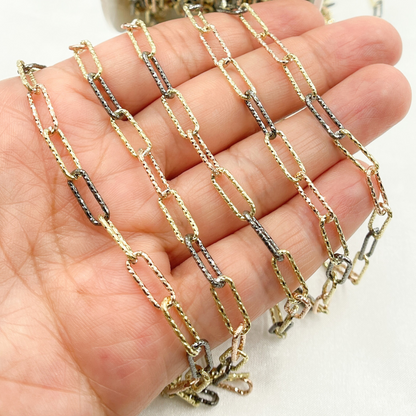 925 Sterling Silver Tri-color Diamond Cut Paperclip Chain