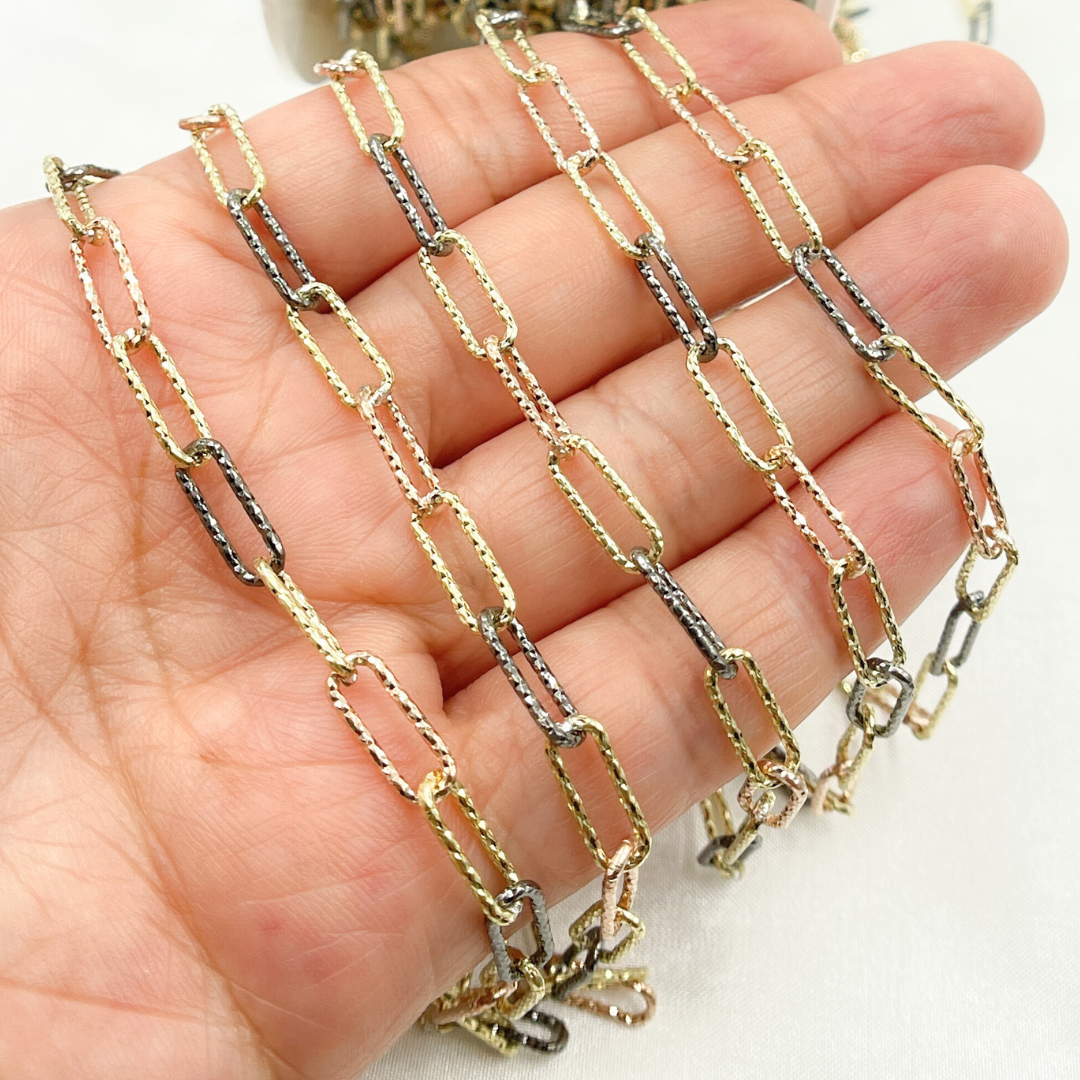 925 Sterling Silver Tri-color Diamond Cut Paperclip Chain. V8GBR