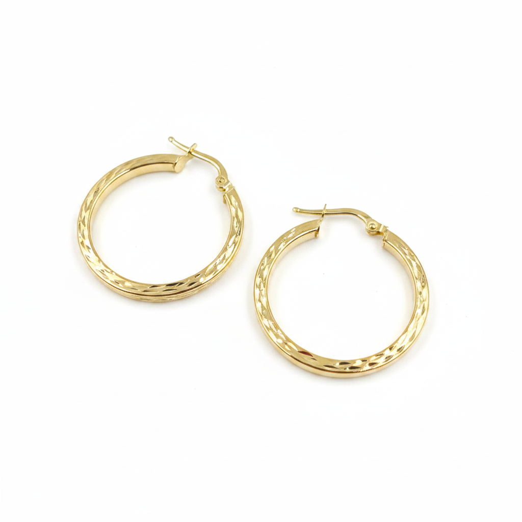 GER161. 14K Solid Gold Hollow Flat Diamond Cut Hoop
