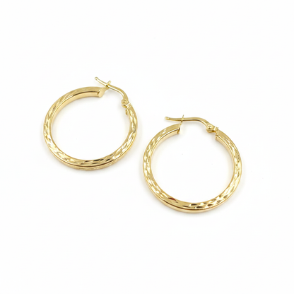 GER161. 14K Solid Gold Hollow Flat Diamond Cut Hoop