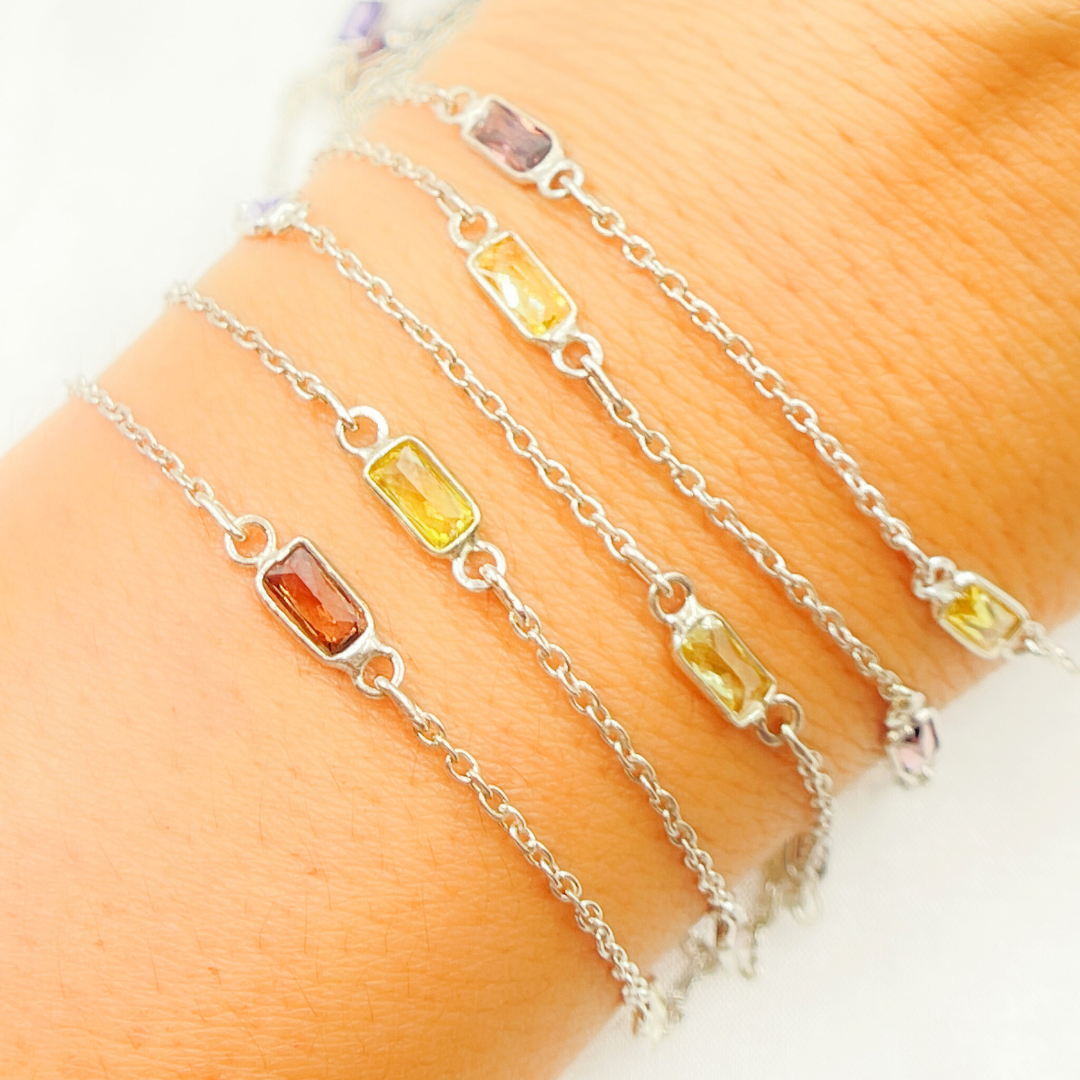 Multi Color Cubic Zirconia Rectangular Shape Connected Chain