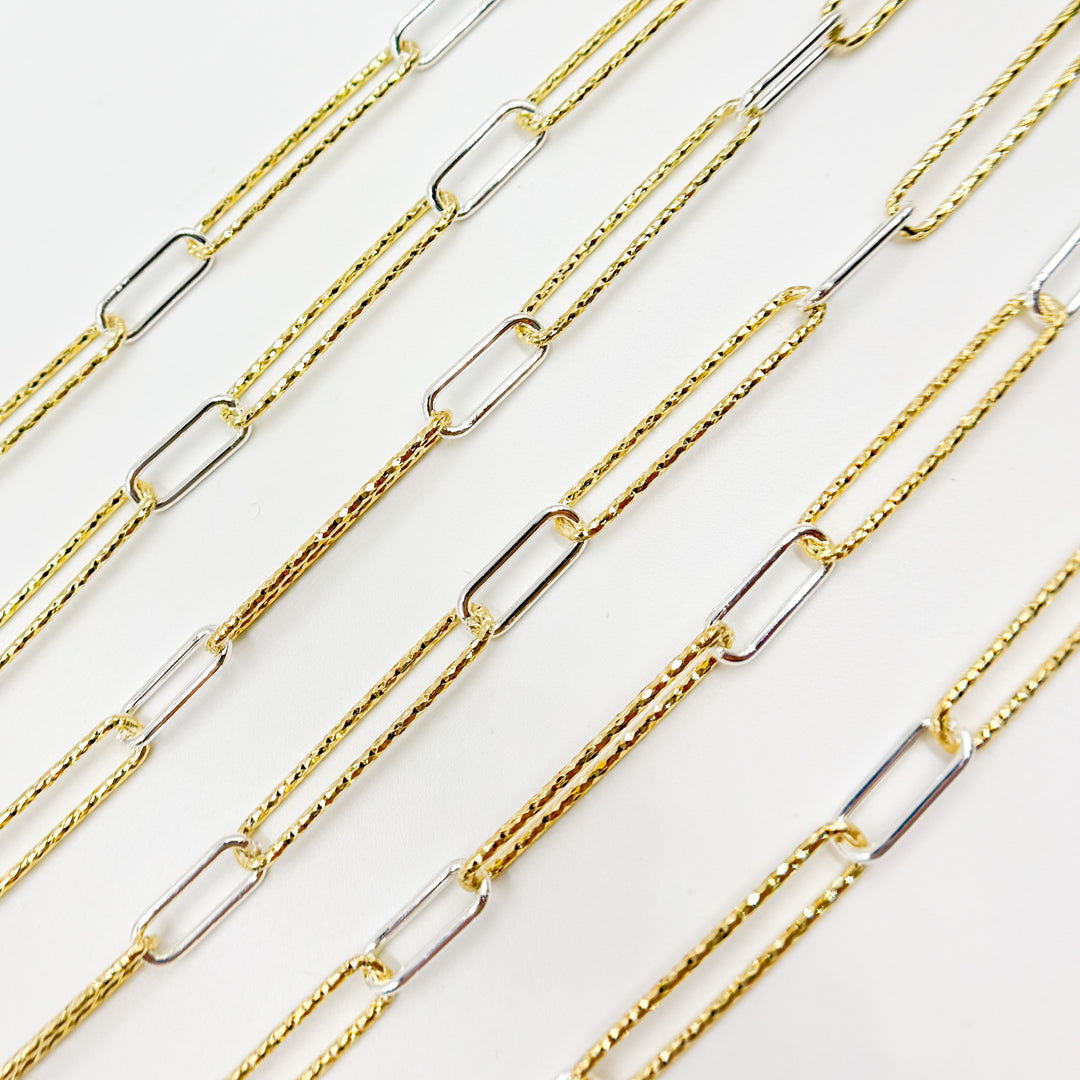 Sterling Silver Smooth and Gold Plated Diamond Cut Paperclip Chain
