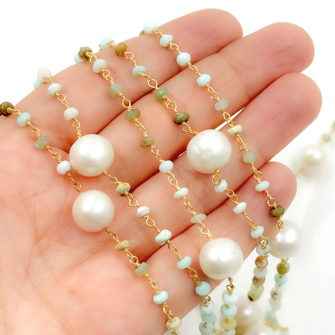 Peruvian Opal & Pearl Gold Plated 925 Sterling Silver Wire Chain. PO11