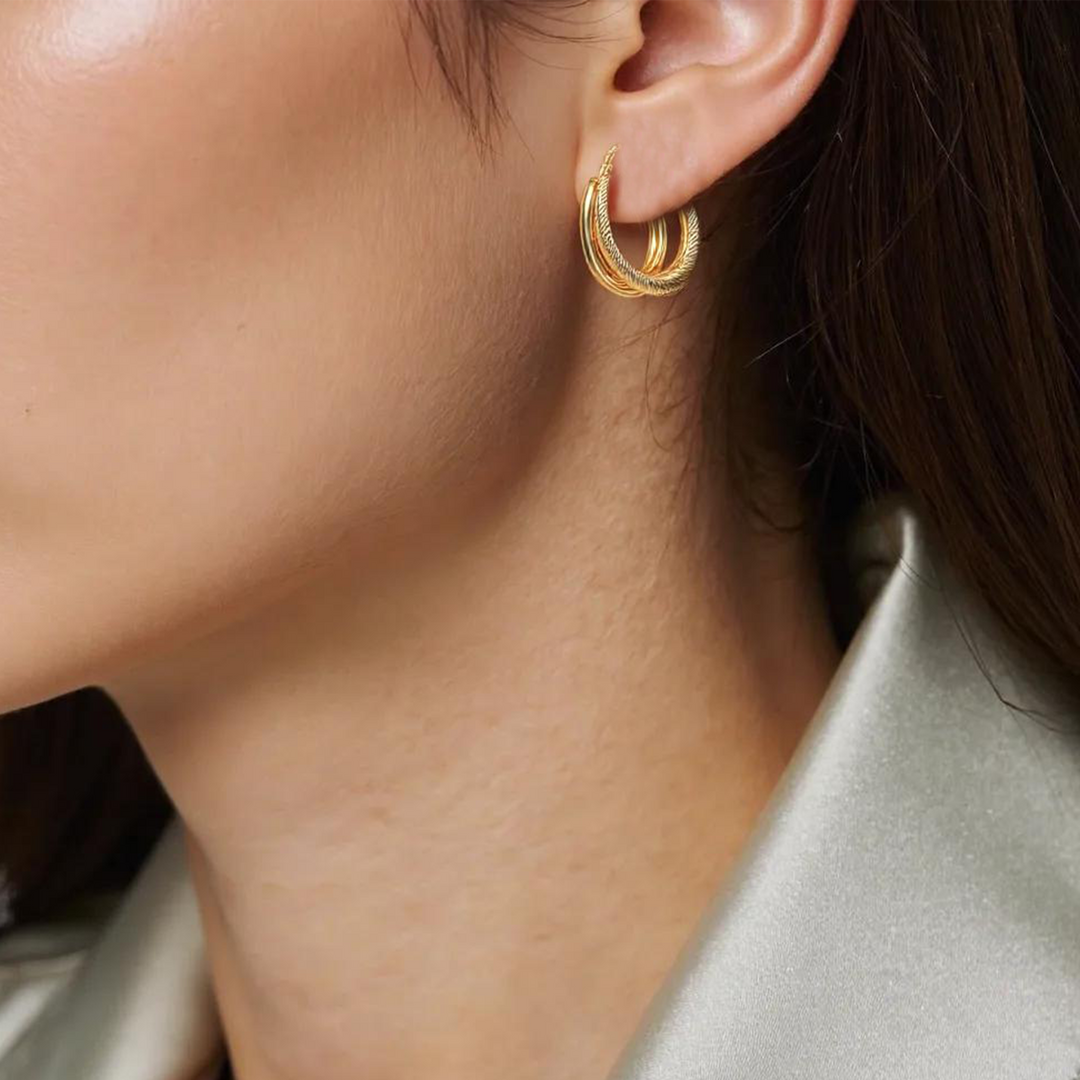 15850006741. 14K Solid Gold Smooth and Textured Twisted Triple Hollow Hoop Earrings