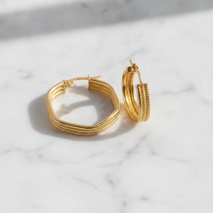 15850023956. 14K Solid Gold Smooth and Textured Hexagonal Hollow Hoop Earrings