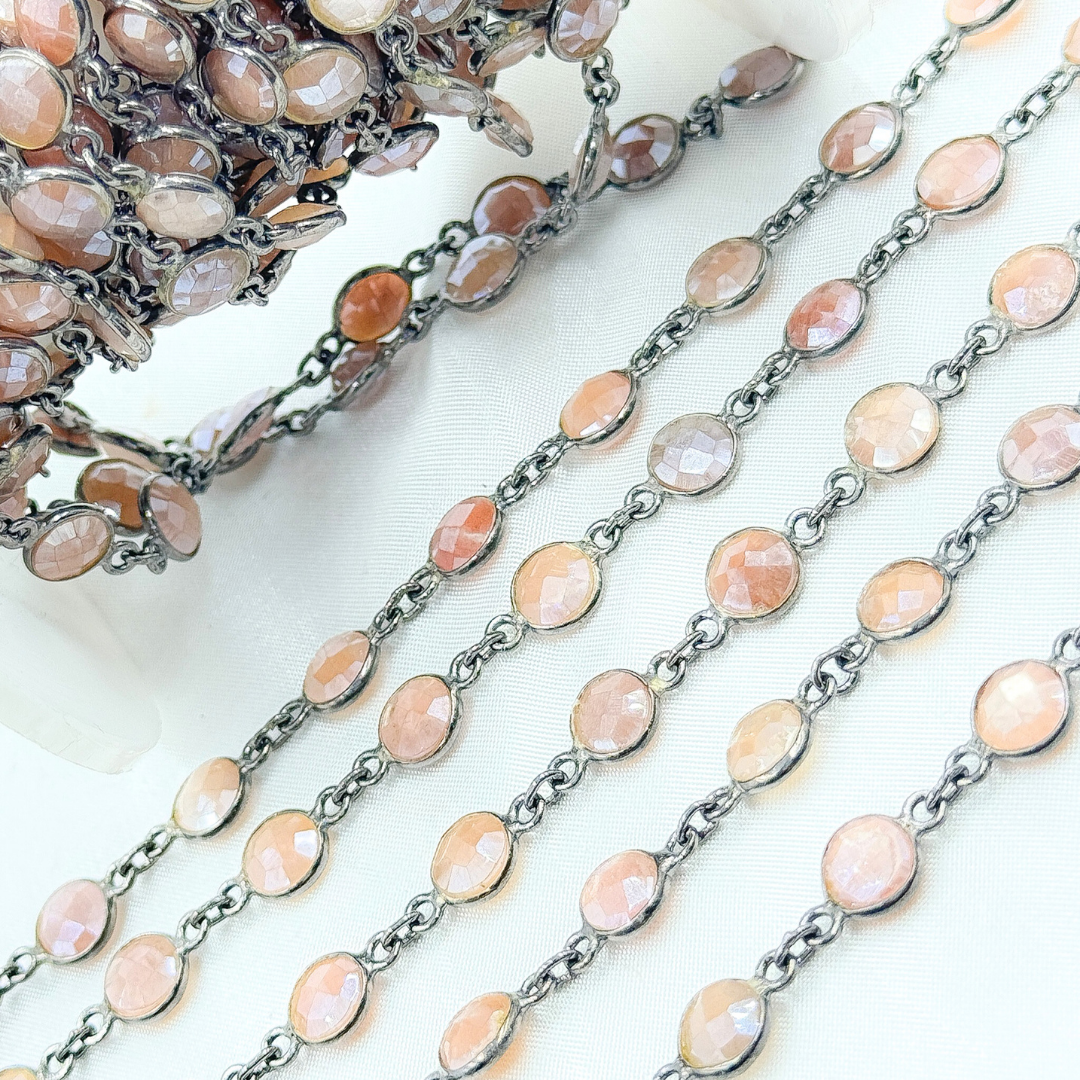 Coated Peach Moonstone Round Shape Bezel Oxidized Wire Chain.