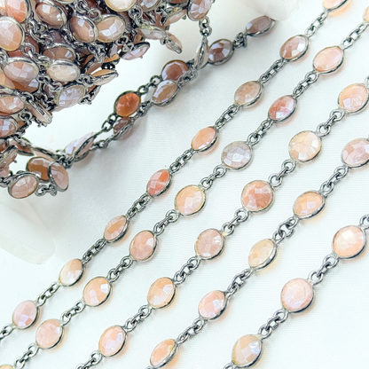 Coated Peach Moonstone Round Shape Bezel Oxidized Wire Chain.