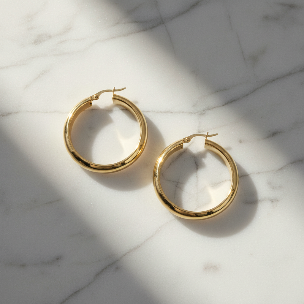 GER154. 14K Solid Gold Hollow Hoop Earrings