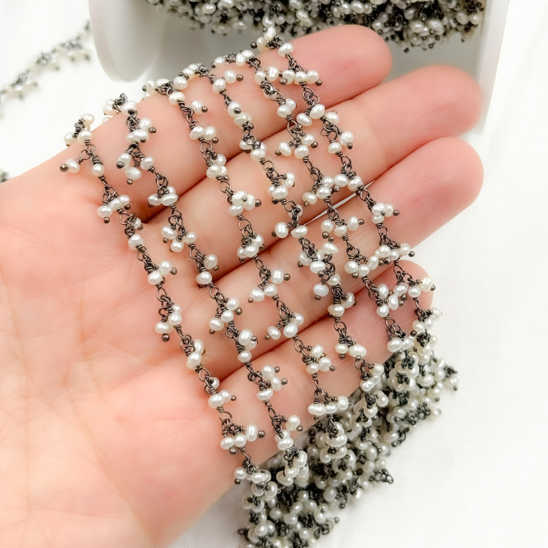 Pearl Cluster Dangle Oxidized 925 Sterling Silver Wire Chain