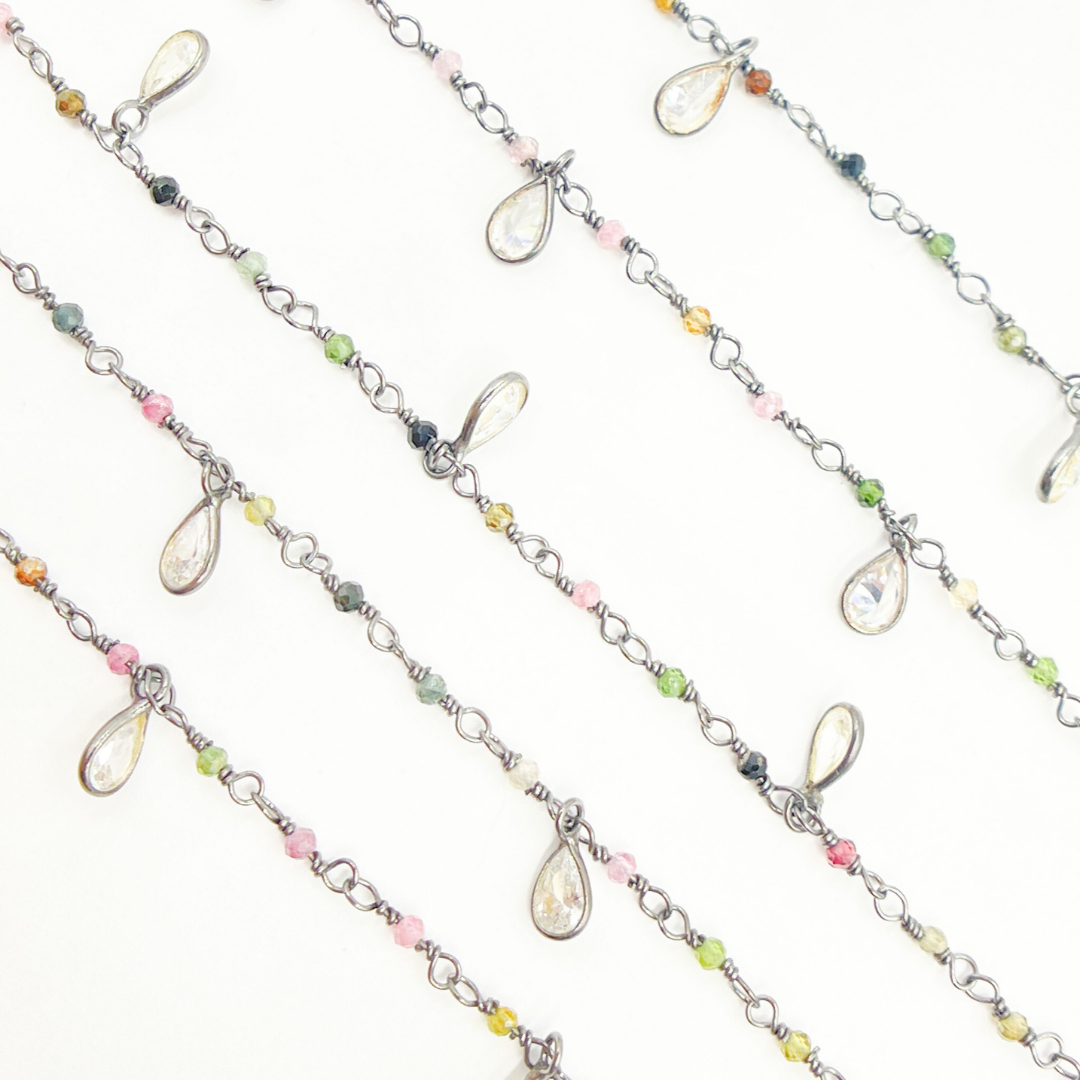 Multi Tourmaline & CZ Dangle Oxidized Wire Chain