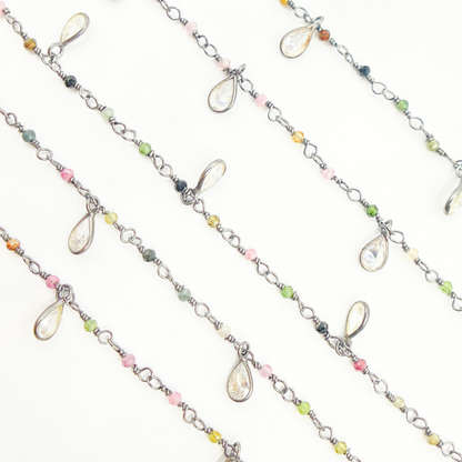 Multi Tourmaline & CZ Dangle Oxidized Wire Chain