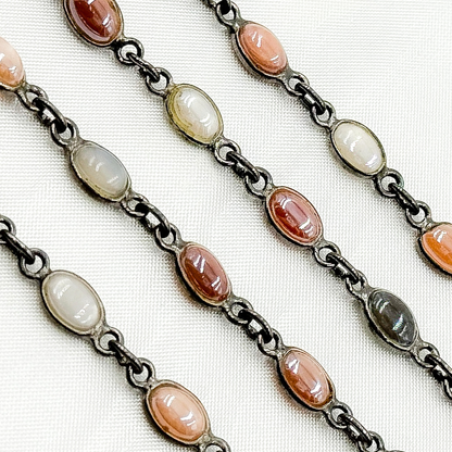 CMS106. Coated Multi Moonstone Oval Shape Bezel Oxidized Wire Chain