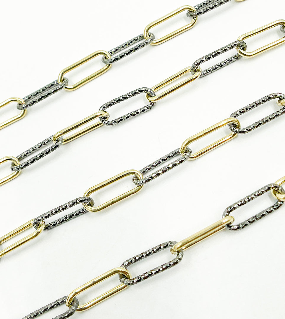V41GB. Gold Plated & Black Rhodium Sterling Silver Smooth & Diamond Cut Paperclip Chain