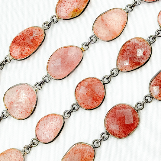 Strawberry Quartz Organic Shape Bezel Oxidized Wire Chain