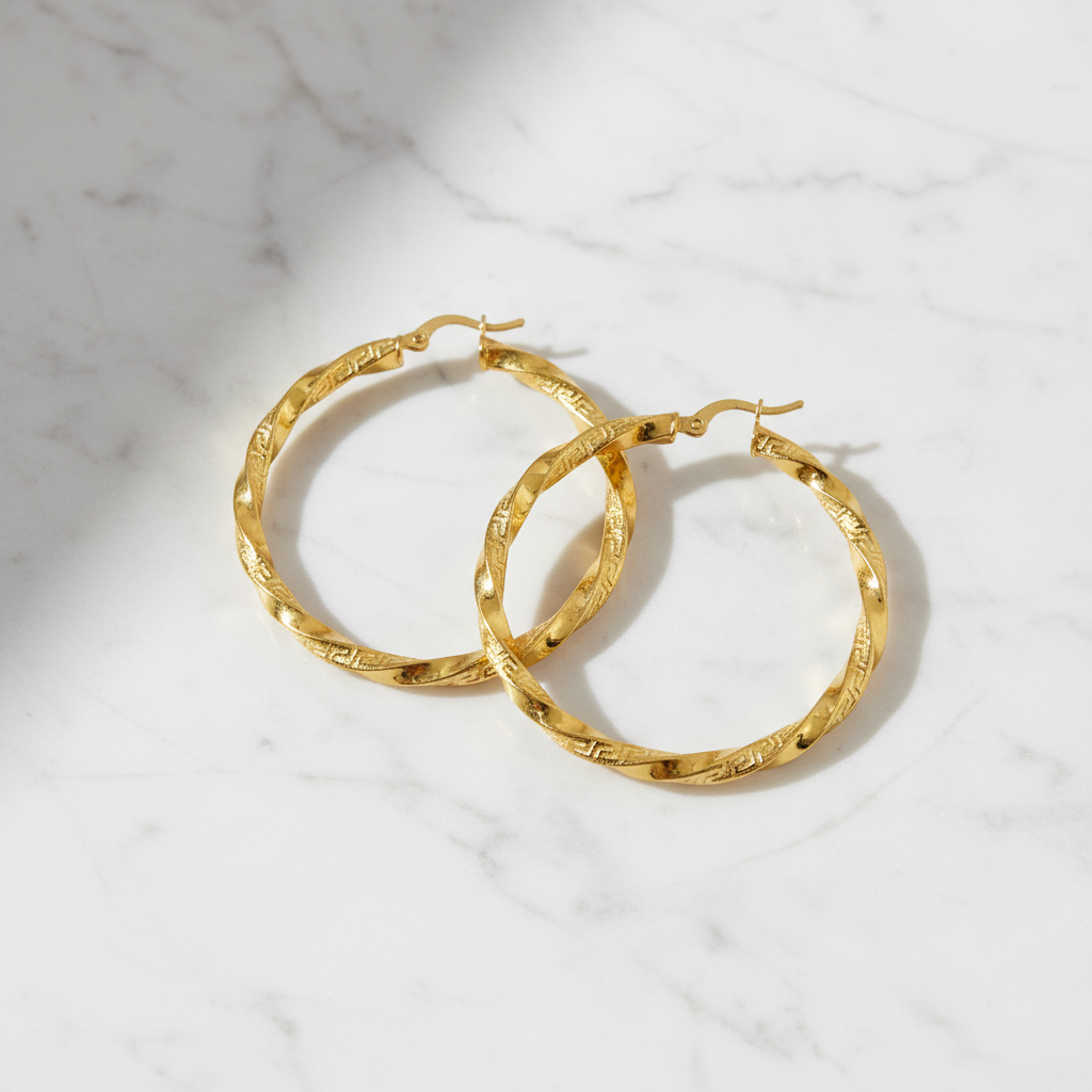 GER124. 14K Solid Gold Twisted Hollow Hoop with Engraved