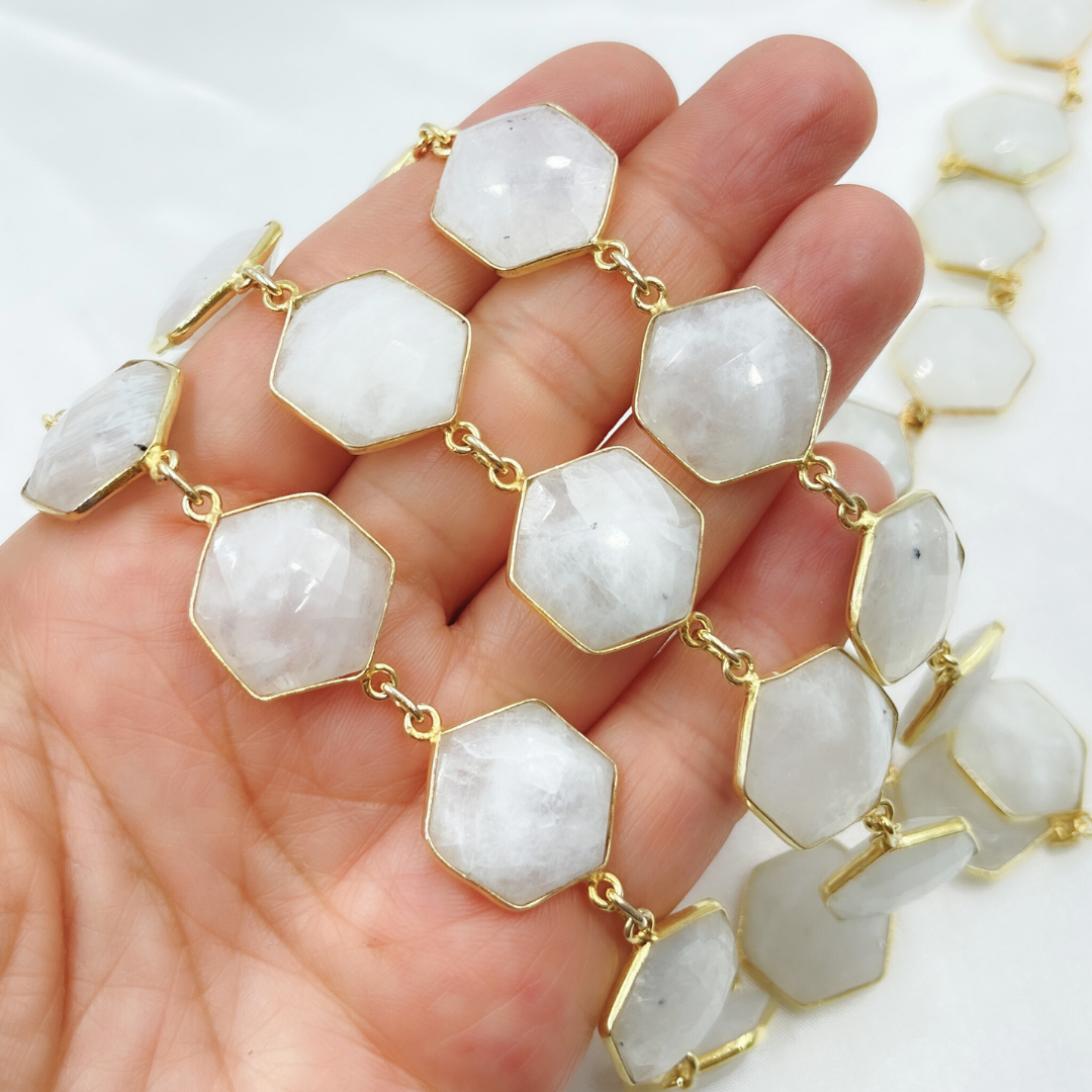 White Moonstone Hexagon Shape Bezel Gold Plated Wire Chain.