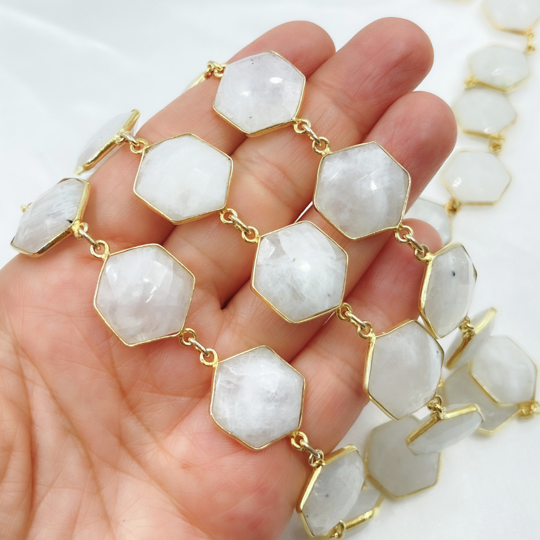 White Moonstone Hexagon Shape Bezel Gold Plated Wire Chain. WMS17