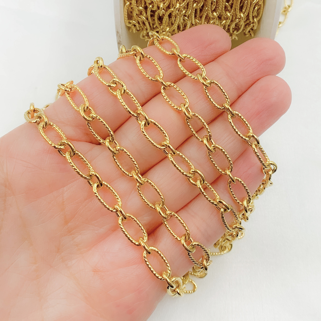 V58GP . Gold Plated Sterling Silver Gold Plated Textured Long and Smooth Short Oval Chain