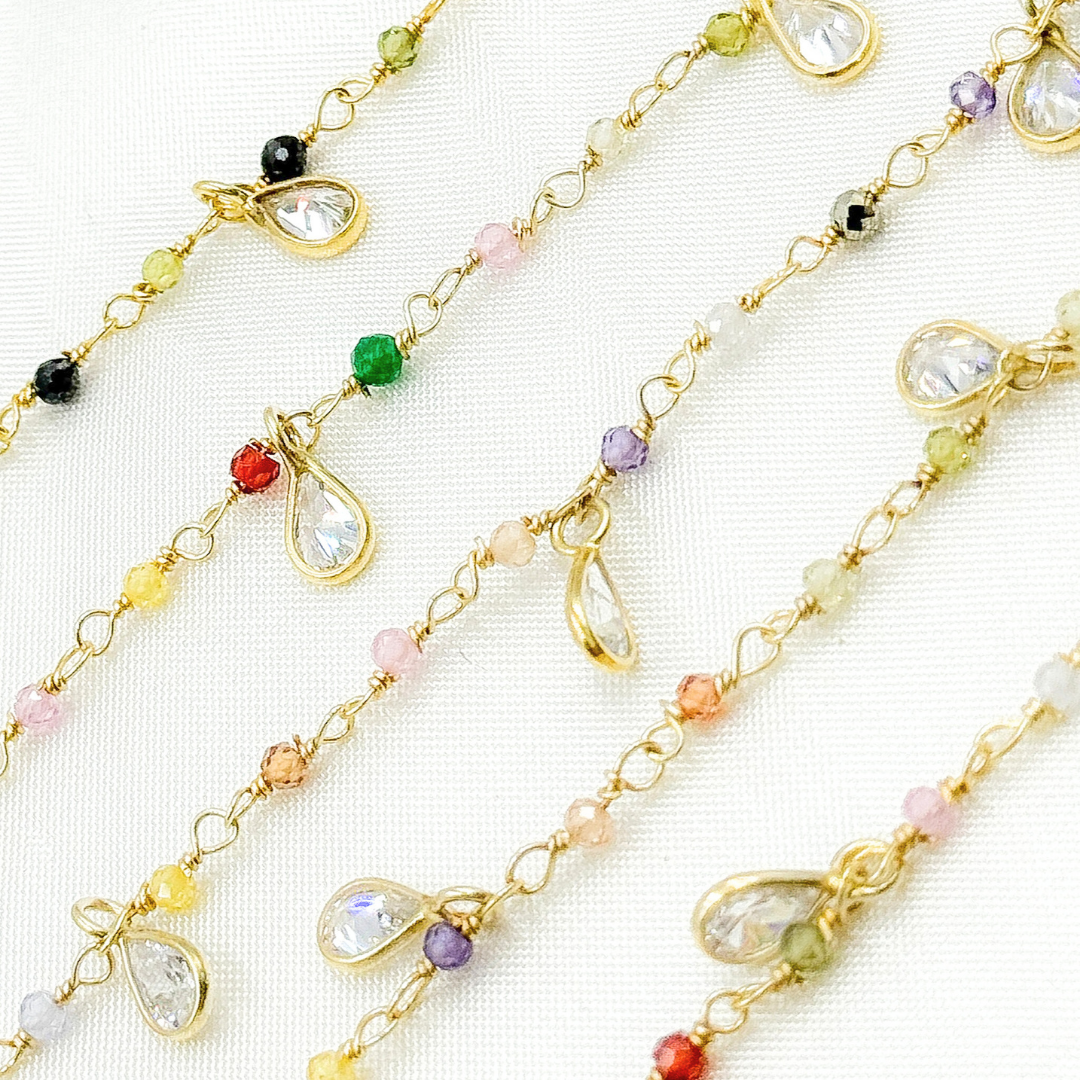 Multi Color Cubic Zirconia & CZ Dangle Gold Plated Wire Chain.