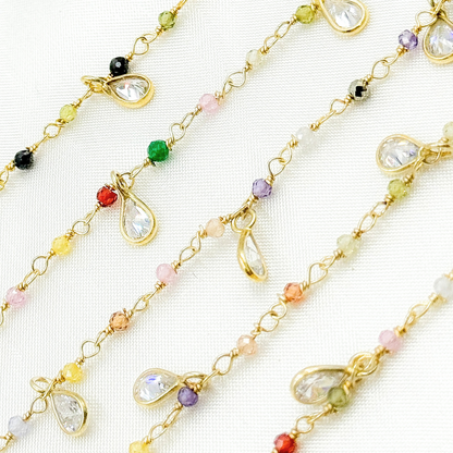 Multi Color Cubic Zirconia & CZ Dangle Gold Plated Wire Chain.
