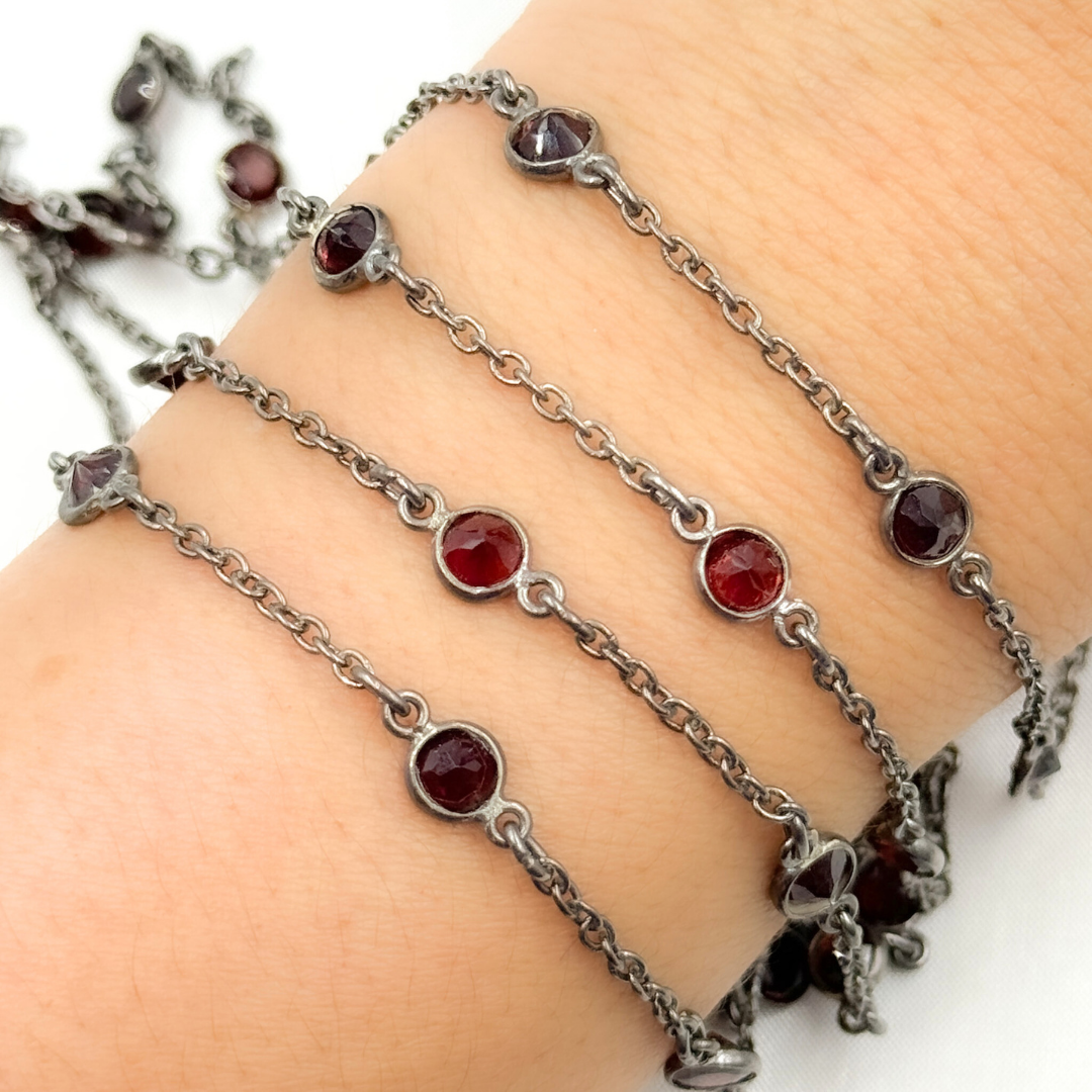 Garnet Round Shape Bezel Oxidized Wire Chain