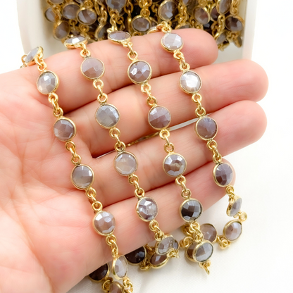 Coated Chocolate Moonstone Round Shape Bezel Gold Plated Wire Chain.