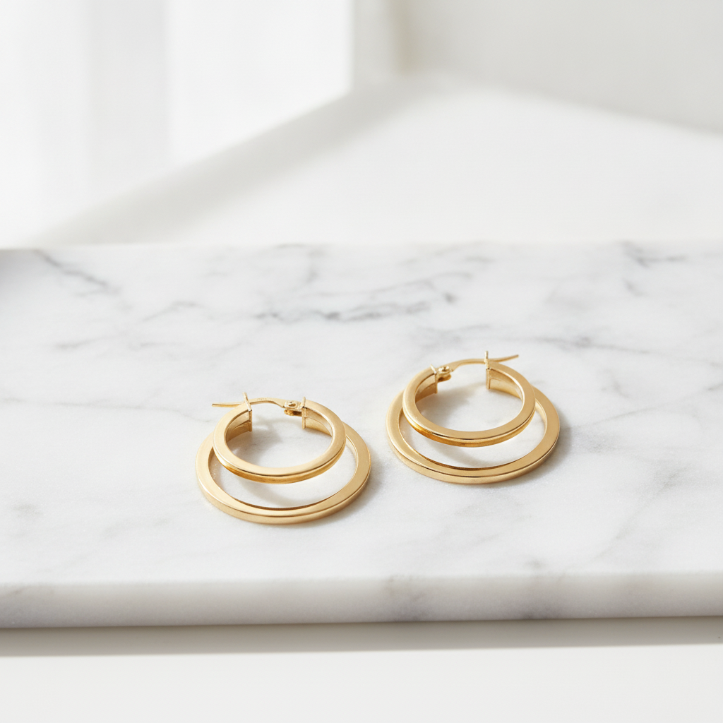 15850003992. 14K Solid Gold Fancy Hollow Double Hoop Earrings