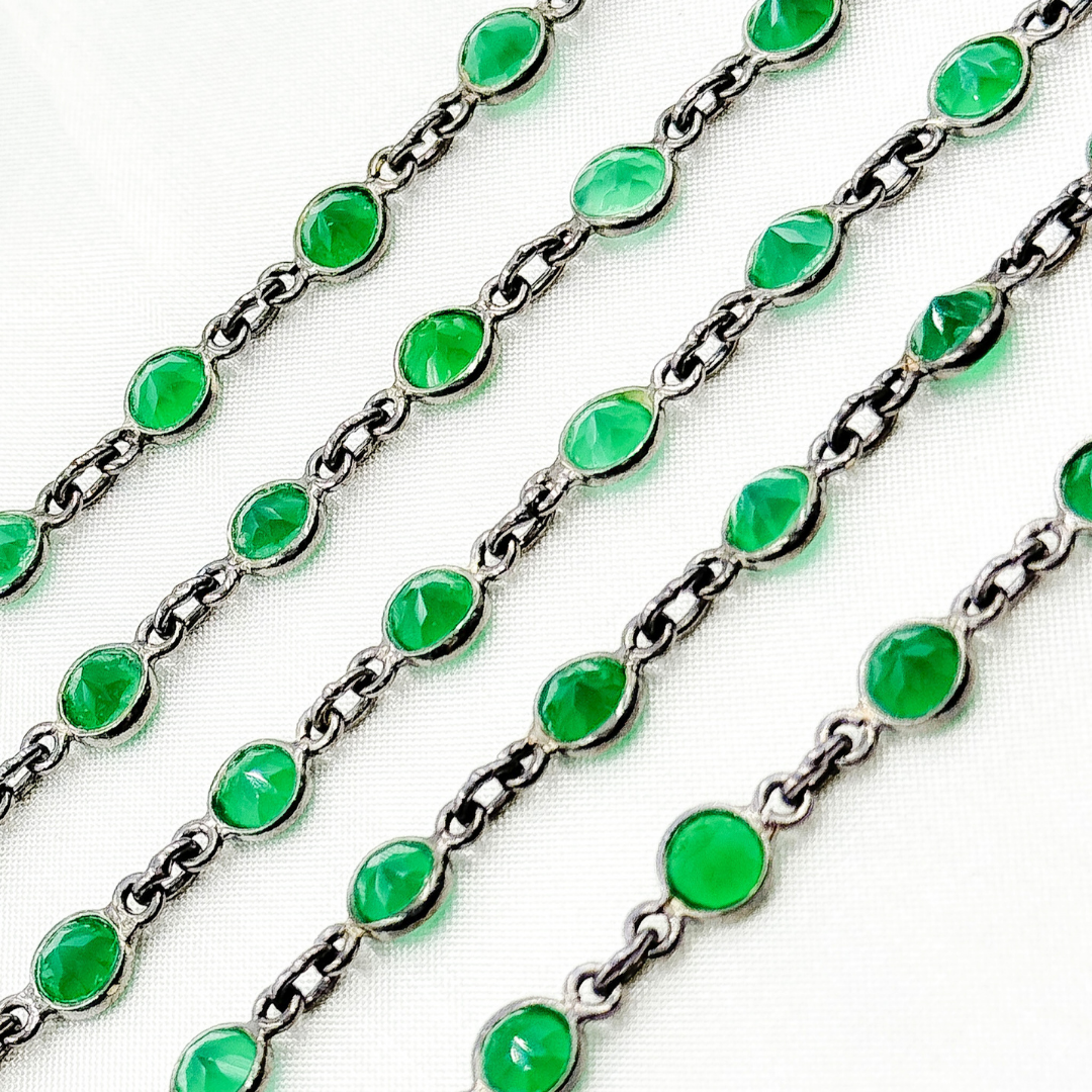 Green Onyx Round Shape Bezel Oxidized Wire Chain. ON2