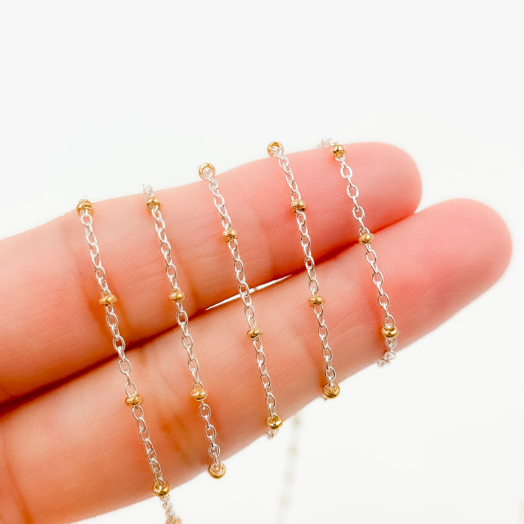 XM/S1322E/11G/SP. Sterling Silver Cable Chain with 14K Gold Filled Beads – Mixed Metal Design