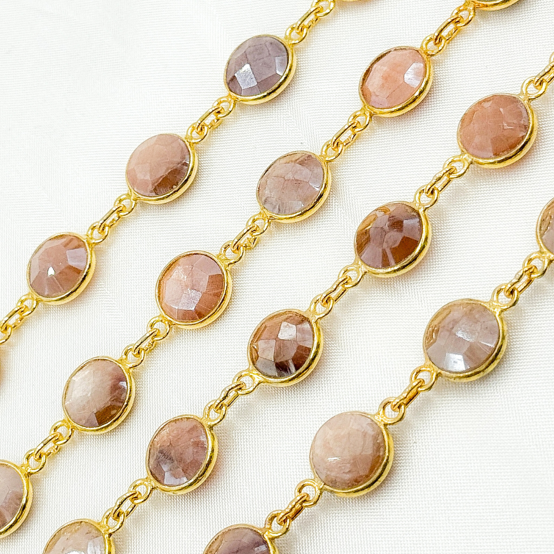 Coated Peach Moonstone Round Shape Bezel Gold Plated Wire Chain.