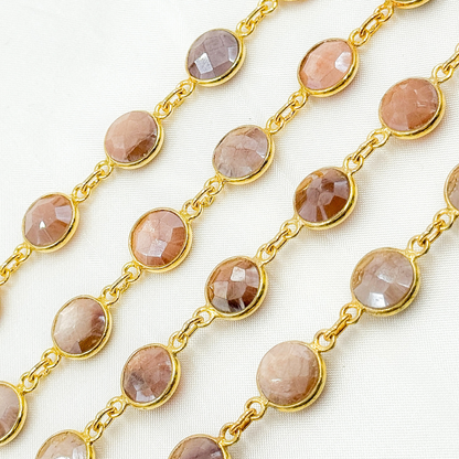 Coated Peach Moonstone Round Shape Bezel Gold Plated Wire Chain.