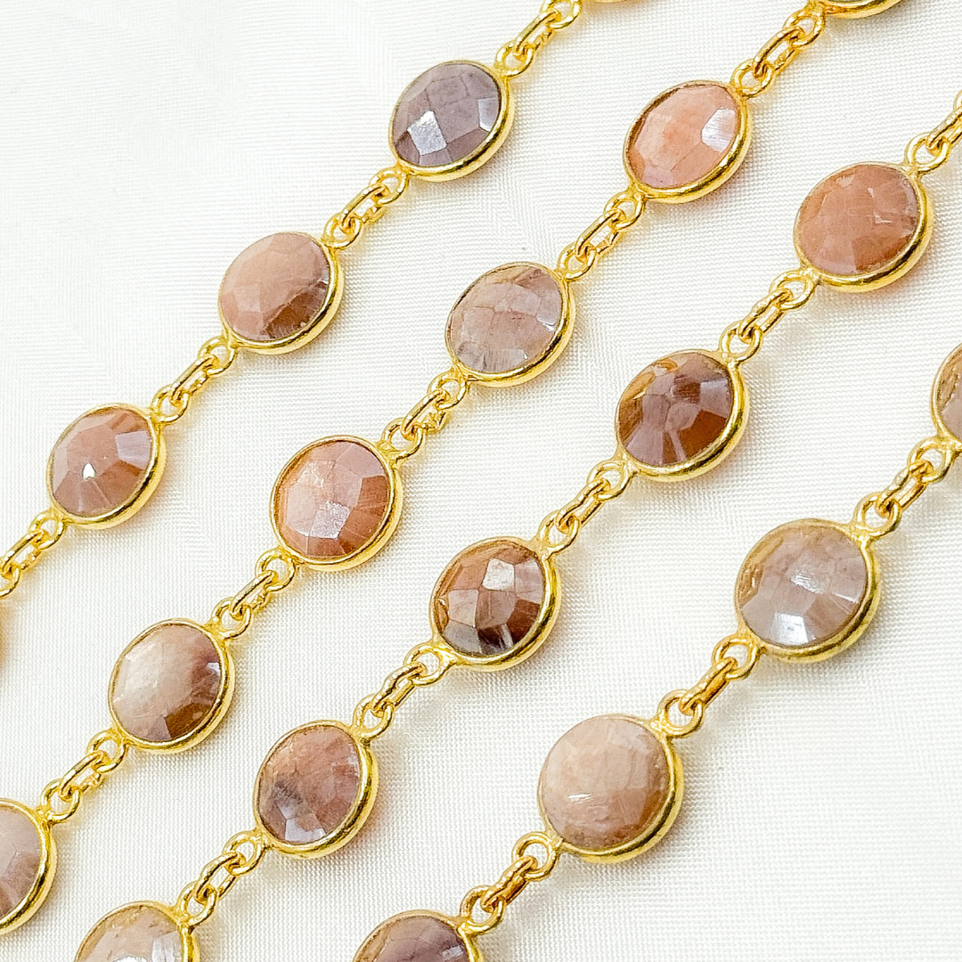 Coated Peach Moonstone Round Shape Bezel Gold Plated Wire Chain. CMS4