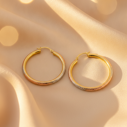 GER72. 14K Gold Tri-Color Hollow Hoop Earrings with Engraved Tornado Design