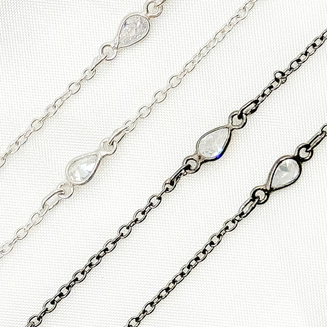 Silver Pear Shape Cubic Zirconia Connector With Chain